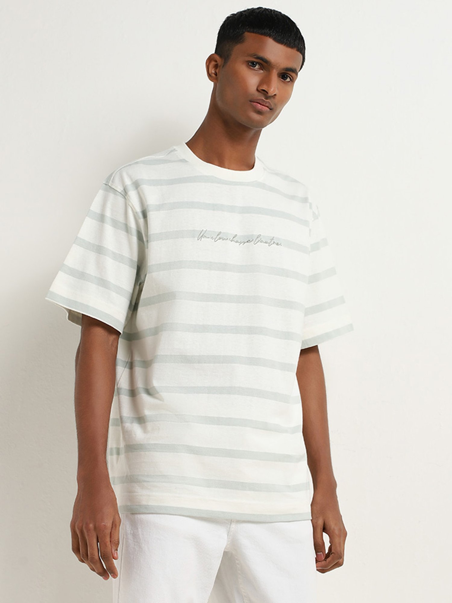 Nuon by Westside Sage Stripe Pattern Relaxed-Fit Cotton T-Shirt