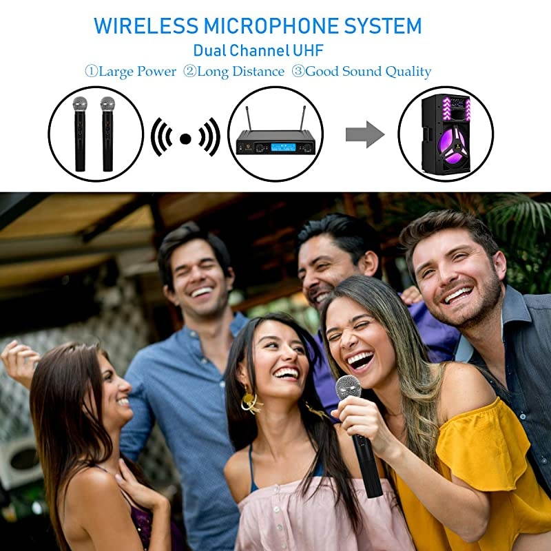 Dual Channel Wireless Microphone System UHF Fixed Frequency Cordless Handheld Mics Set with LCD Display 200Ft Range Professional Karaoke Machine for Karaoke Wedding Church Conference Cl