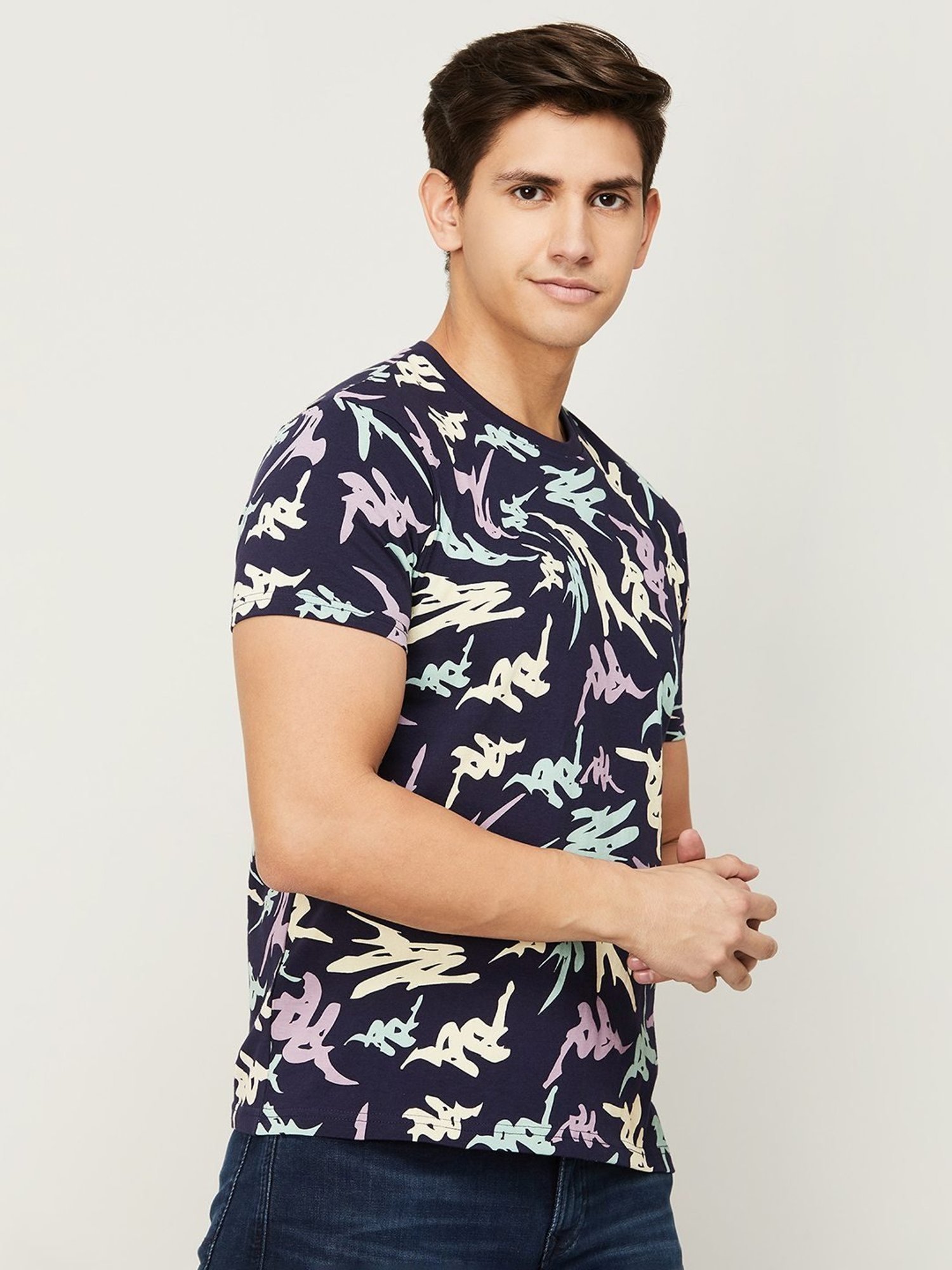 KAPPA Navy Cotton Regular Fit Printed T-Shirt