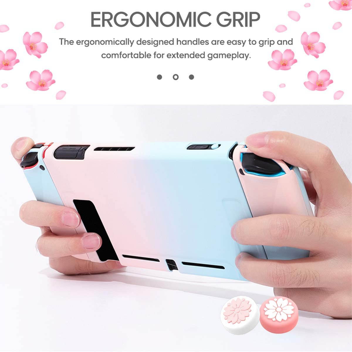 Dockable Case for Switch with 2 Sakura Flower Thumb Grip Caps, NS Protective Cover for Switch Console and Joy-Con Controllers, Gradient Hard Skin Case for Switch with 2 Silicone Sakura Joystick Caps