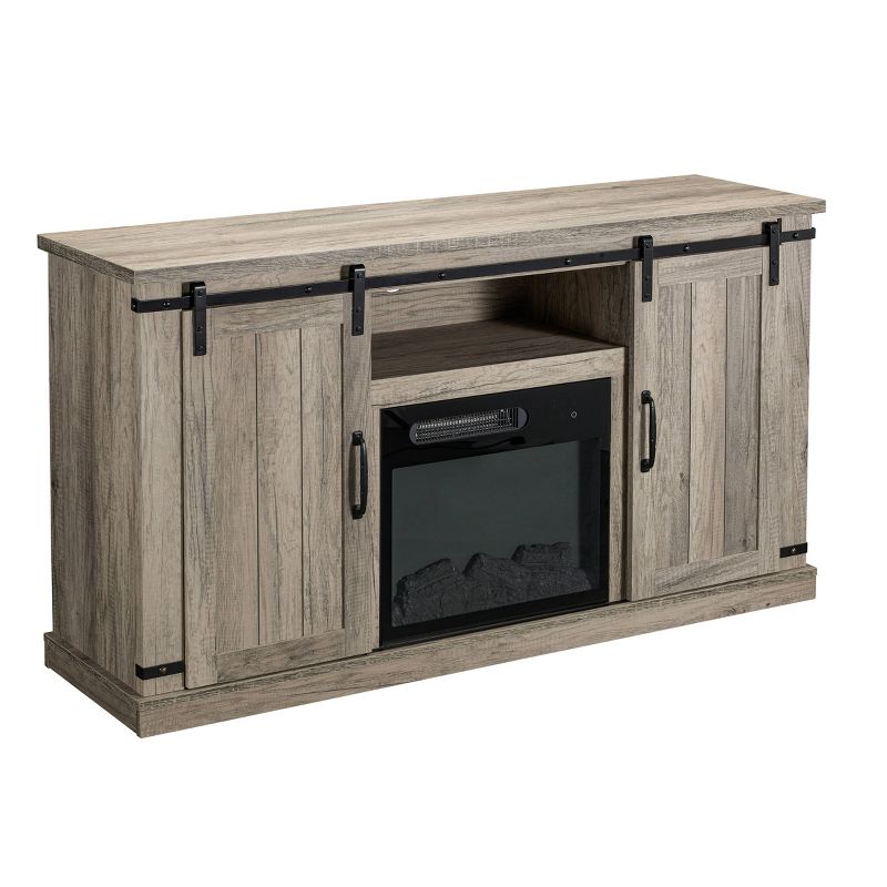 54" Sliding Doors TV Stand For TVs up to 60" with Electric Fireplace Antique Gray Oak - Home Essentials