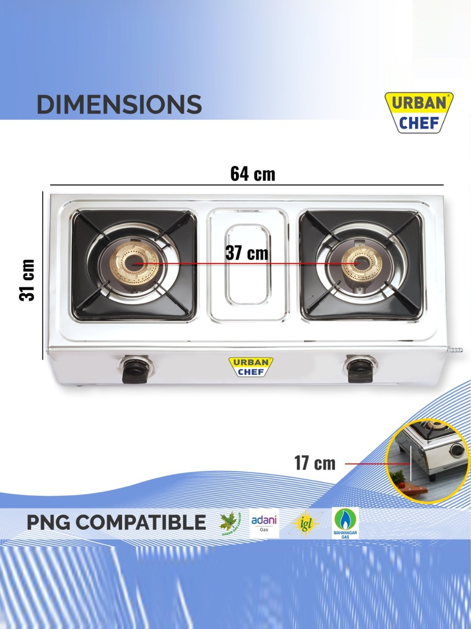 Urban Chef Gas Stove with 2 Burners ( Silver/Black )