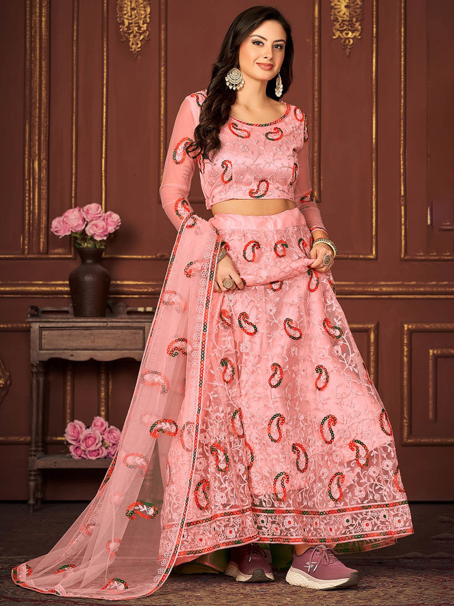 Warthy Ent Peach Embroidered Lehenga Choli Set With Dupatta