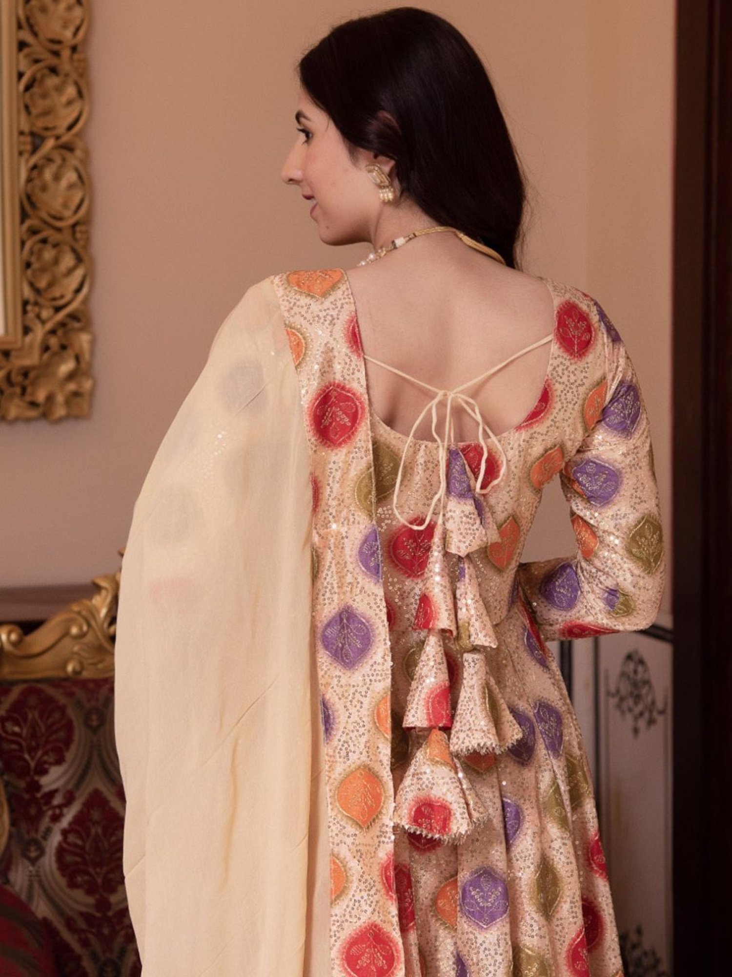 Calmna Sitara Beige Sequin Anarkali Suit Set