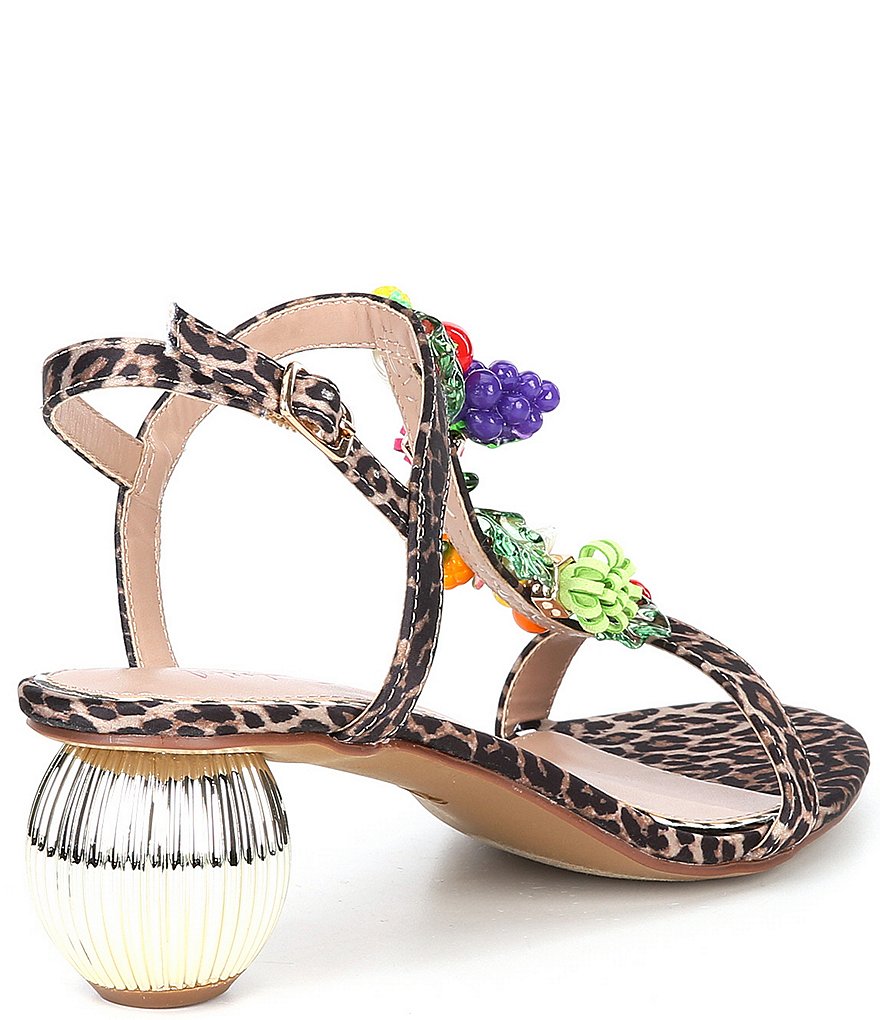 Betsey Johnson Theaa Leopard Print Fruit Embellished Sculptural Heel Sandals