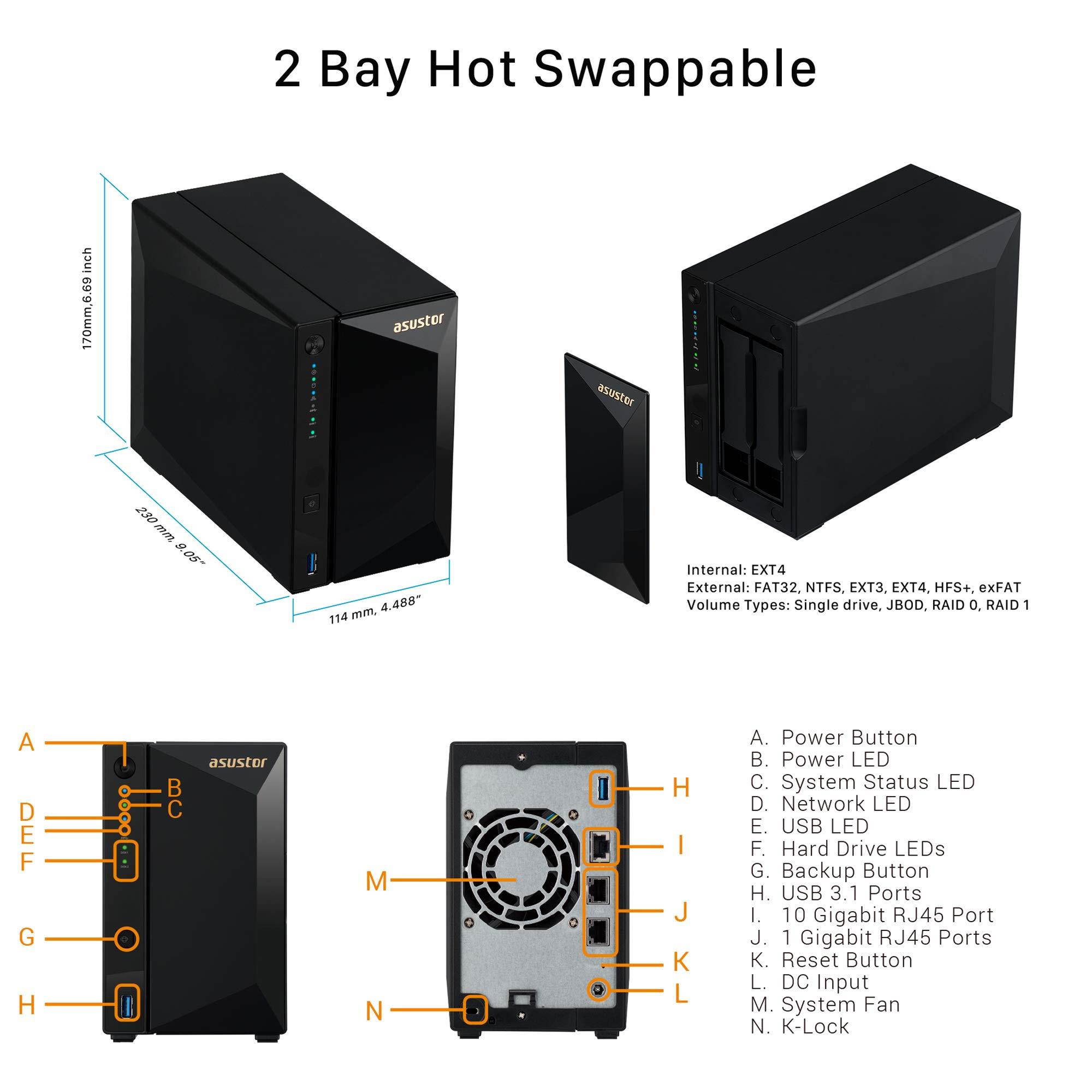 Asustor AS4002T | Network Attached Storage + Free exFAT License | Personal Private Cloud | Home Media Server | 10GbE Port, 1.6GHz Dual-Core, 2GB RAM DDR4 (2 Bay NAS)