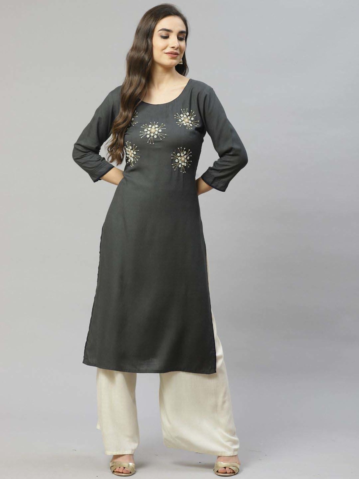 HIGHLIGHT FASHION EXPORT Grey Embellished Straight Kurta