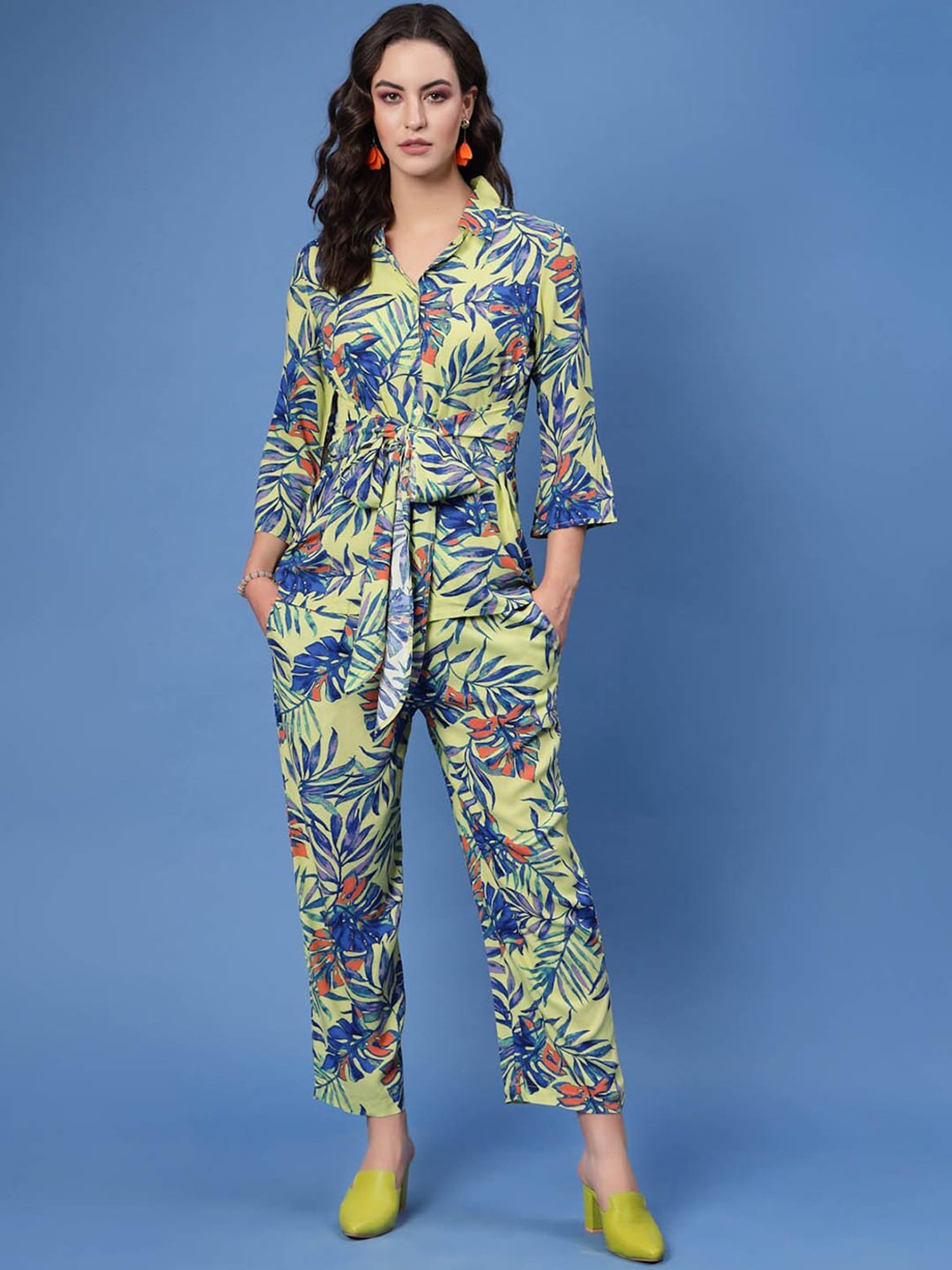 Melon by PlusS Yellow & Blue Printed Top With Trousers