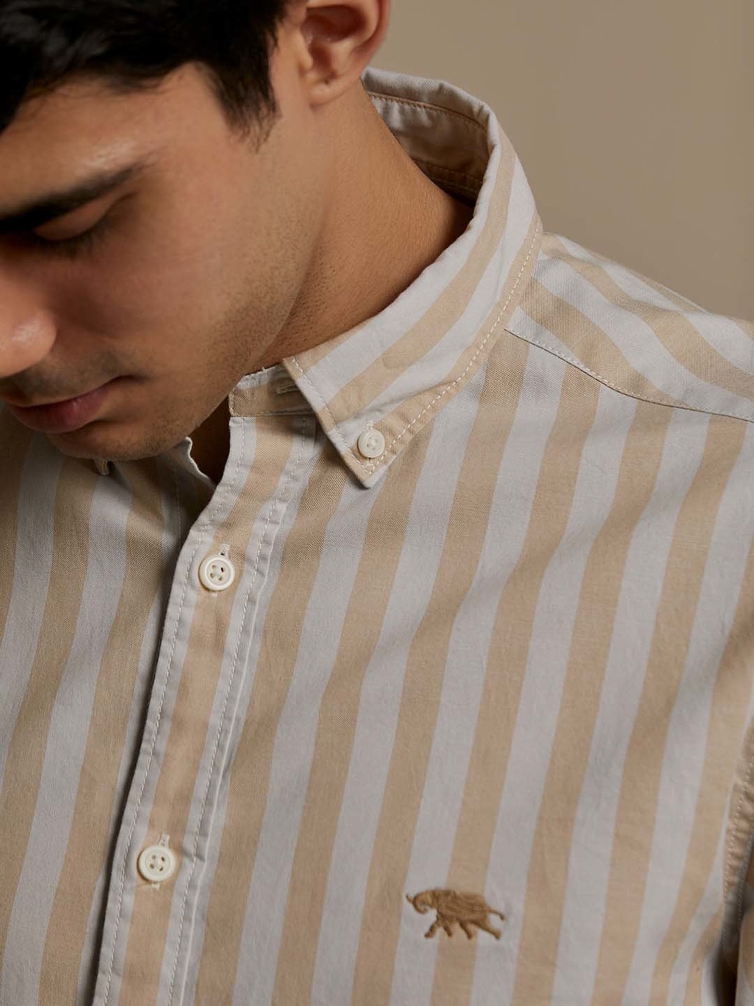 ANDAMEN Beige Slim Fit Striped Cotton Shirt