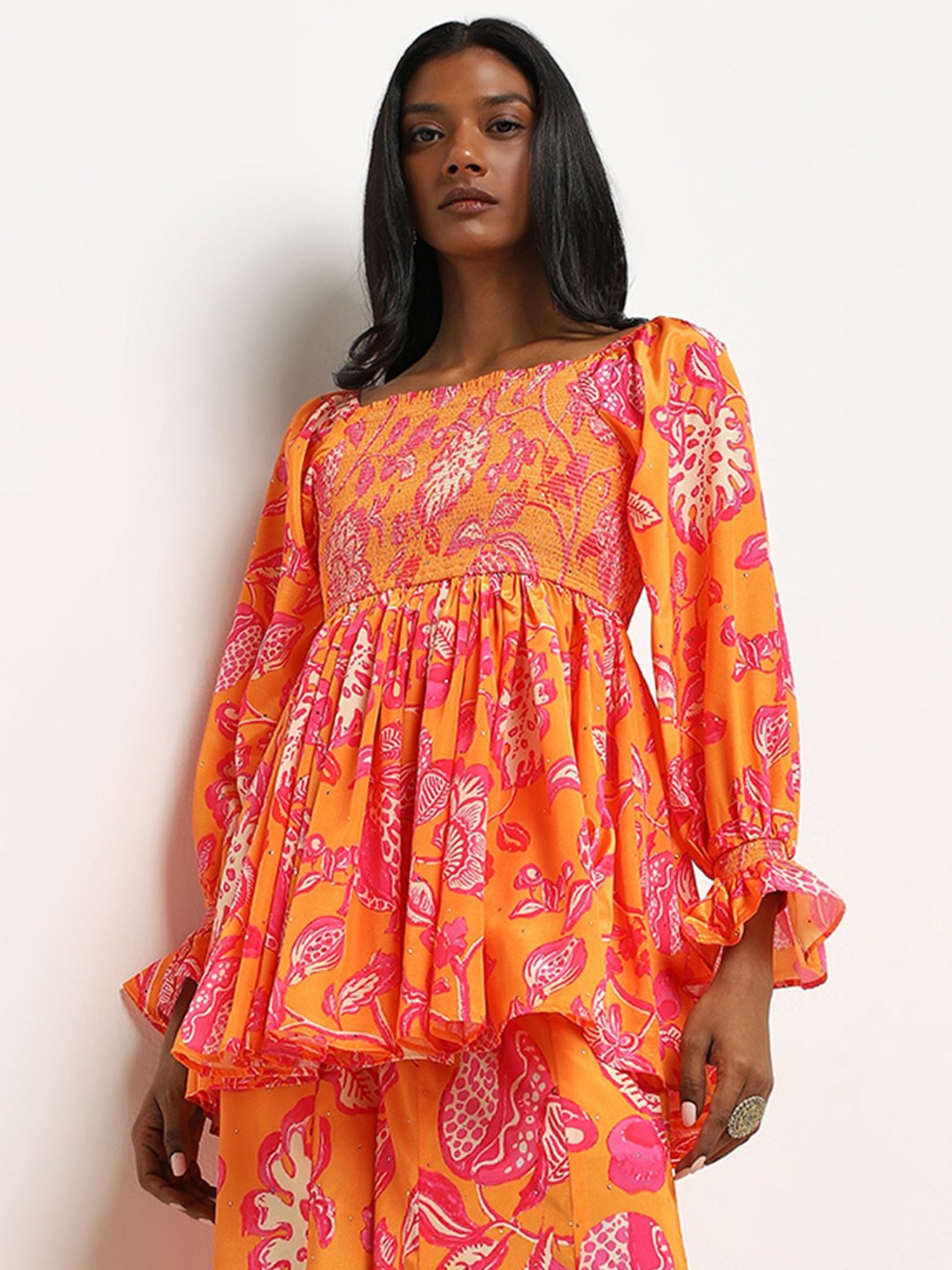 Vark by Westside Orange Floral Peplum Top Set