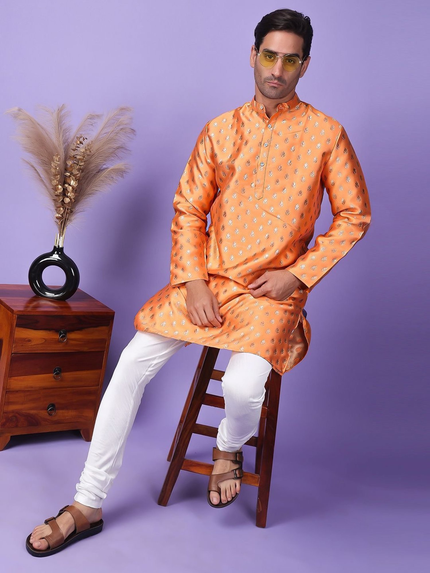 Hangup Orange & White Regular Fit Embellished Kurta Bottom Set