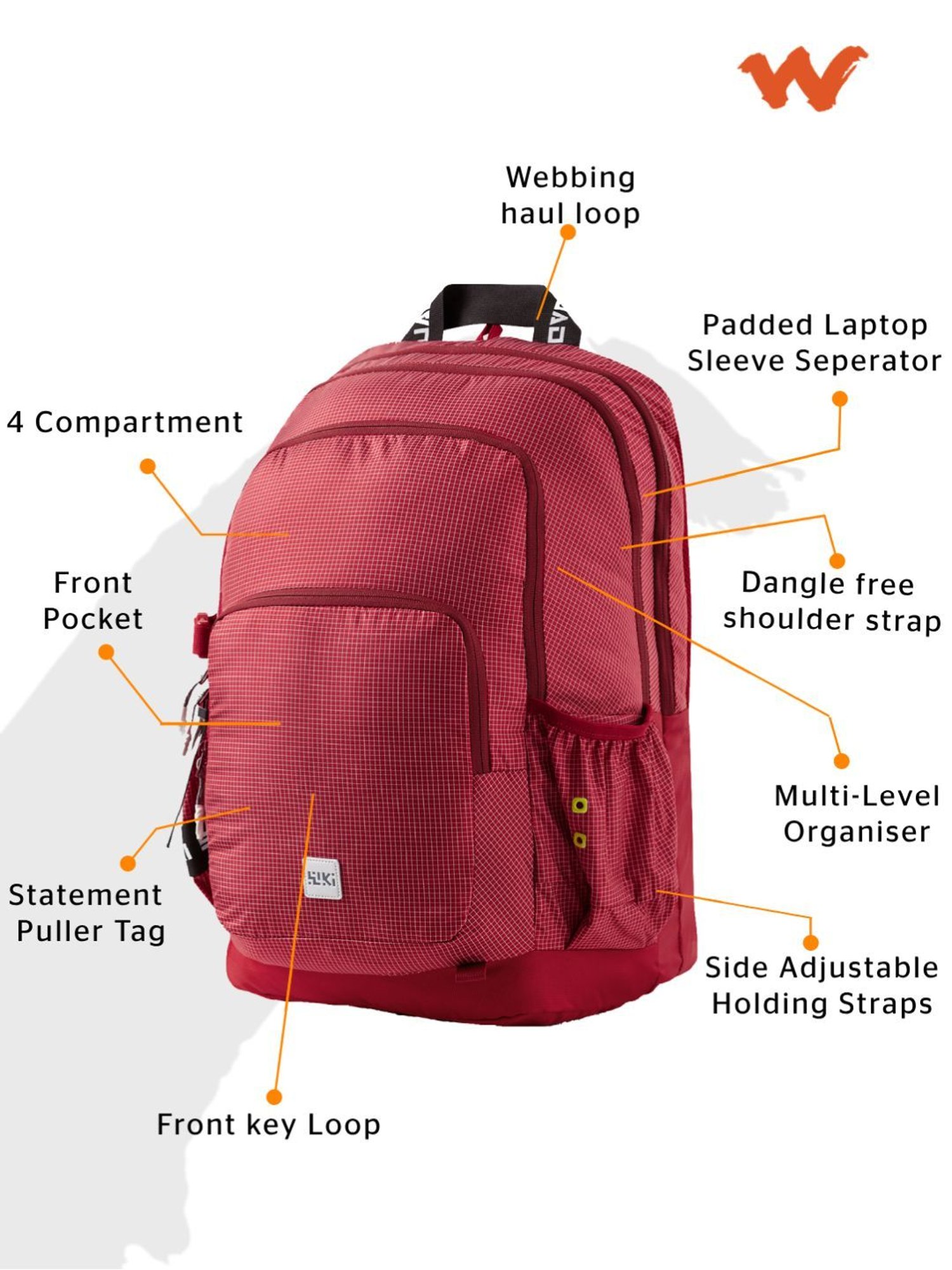 Wiki Back to School Squad 4 Red Polyester Checks Backpack - 40 Ltrs
