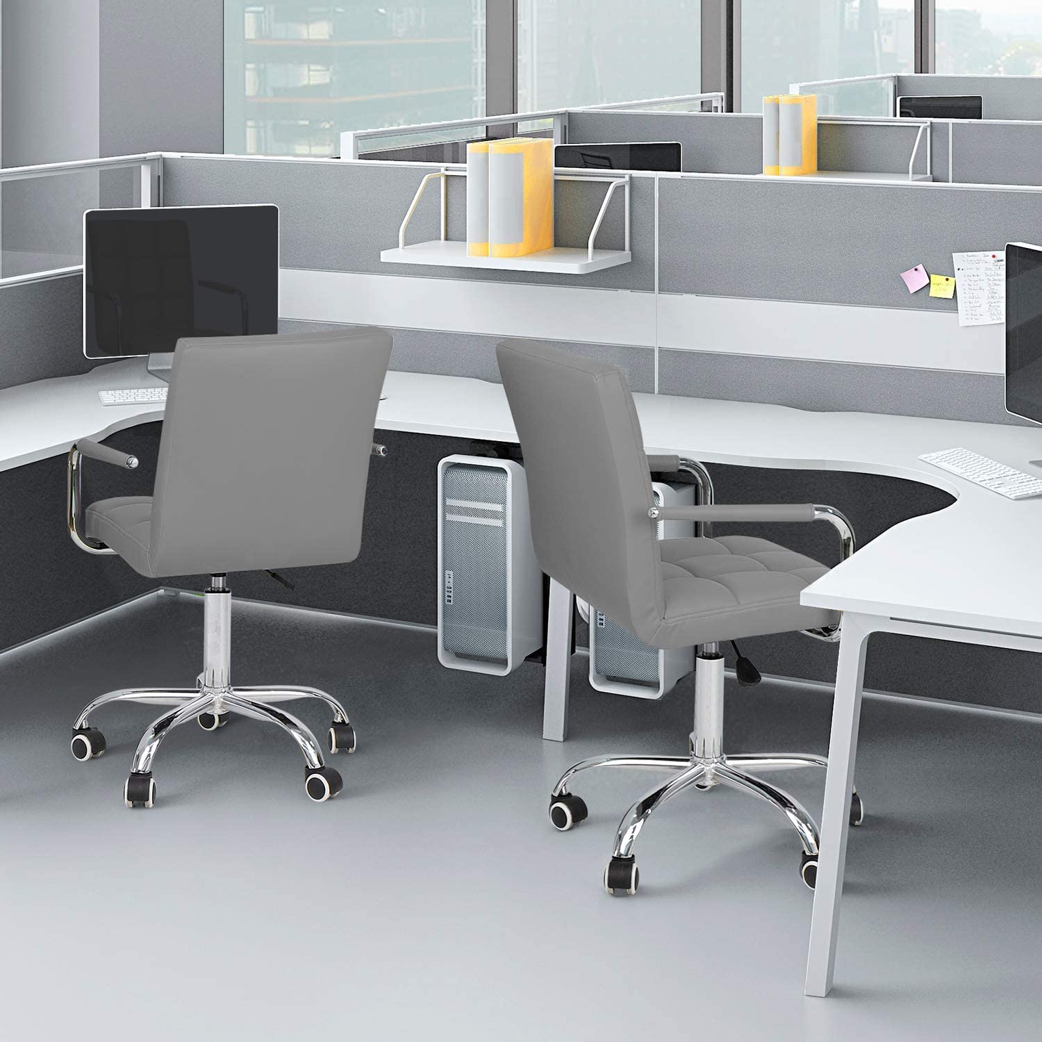 Furmax Mid-Back Office Task Chair Ribbed PU Leather Executive Chair Modern Adjustable Home Desk Chair Retro Comfortable Work Chair 360 Degree Swivel with Arms (Gray)