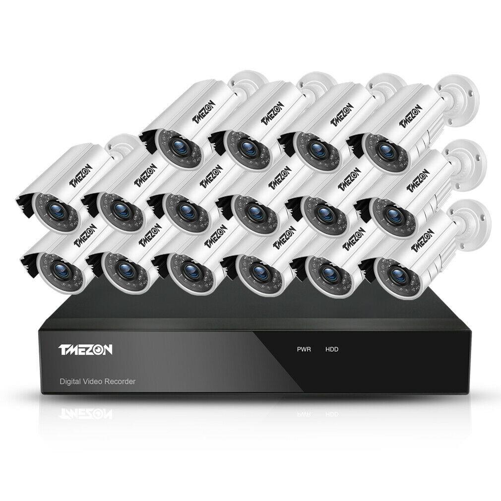 TMEZON 1080P CCTV Camera System 16CH 1080N Lite Surveillance DVR Video Recorder, 16x HD 1920TVL 2.0MP 24leds Indoor Outdoor IR Night IP66 Weatherproof Security System
