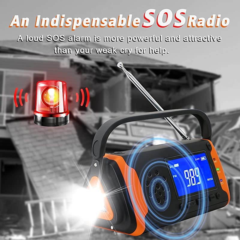 Weather Crank Radio 4000mAh Portable Solar Powered Hand Crank AMFMNOAA Weather Alert Radio Aux Music Play USB Cell Phone Charger SOS Alarm LED Flashlight for HurricanesTornadoes