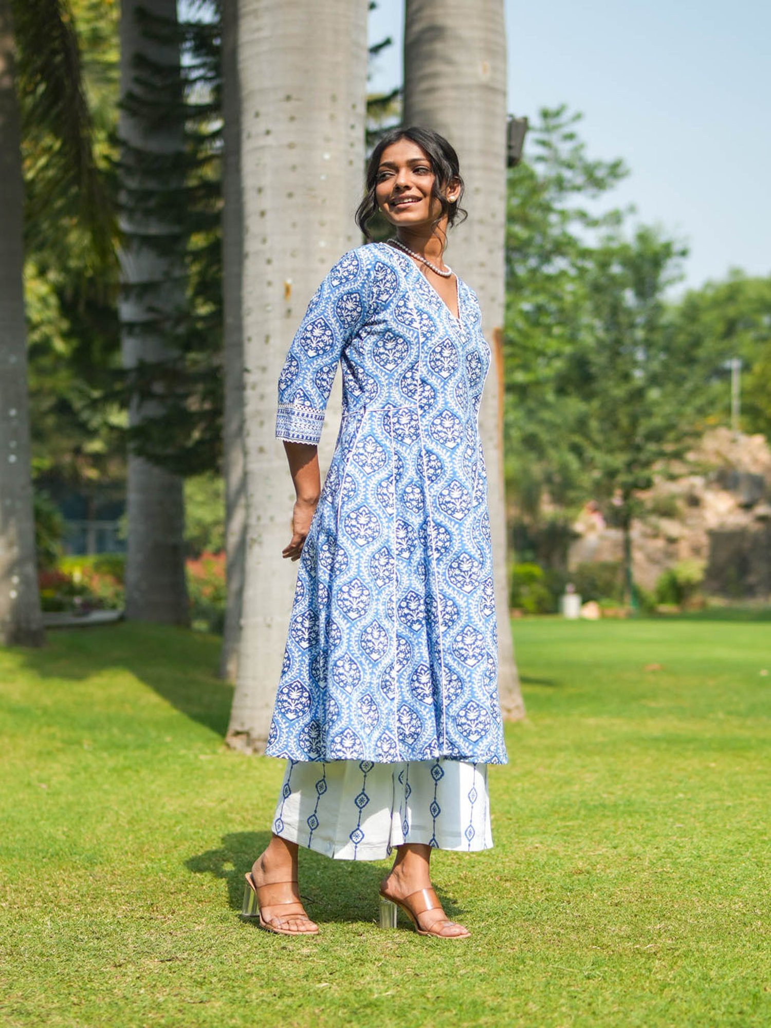 Akiso Blue Hand Block Printed Flared Kurta Set With Hand Embroidery Detail ( Set Of 2 )