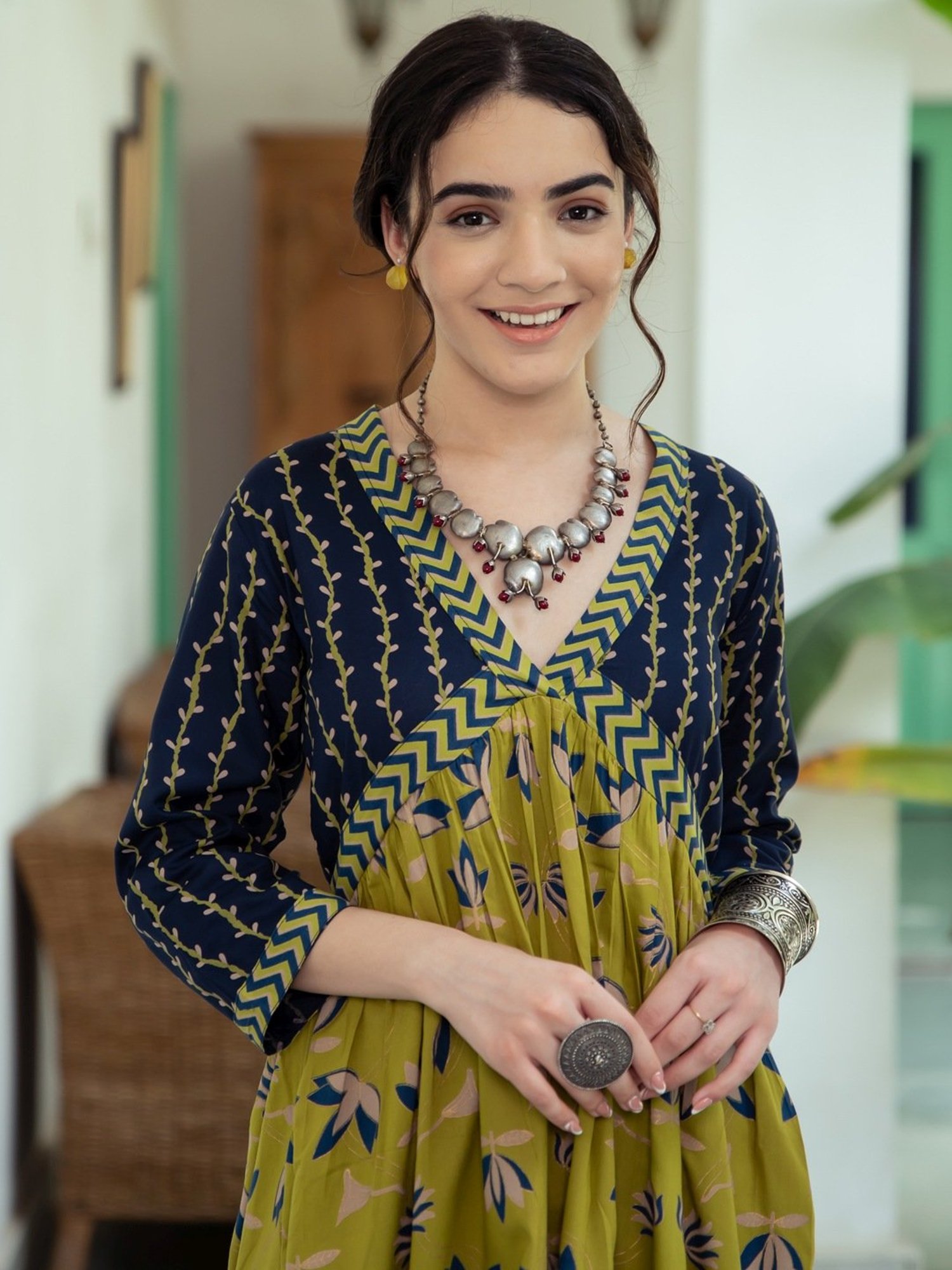 Rustorange Green & Navy Printed Maxi Dress