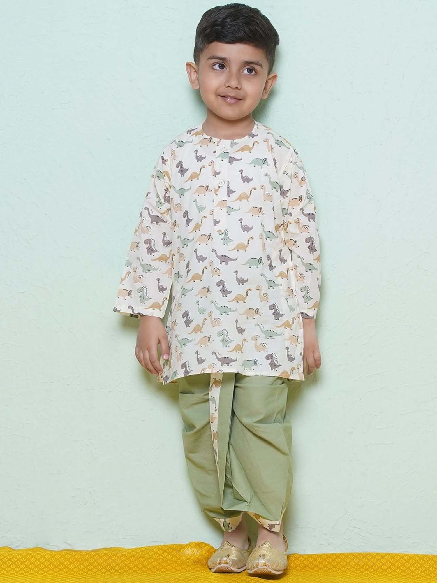 AJ Dezines Kids White & Pista Green Cotton Printed Full Sleeves Kurta Set