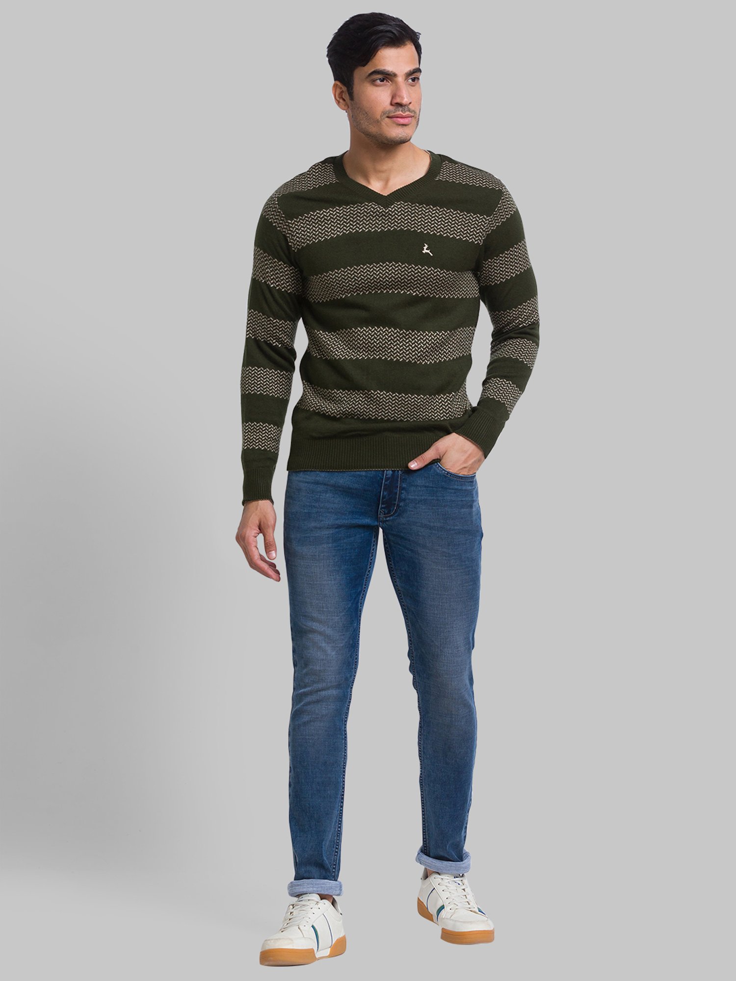 Parx Green Regular Fit Striped Sweater