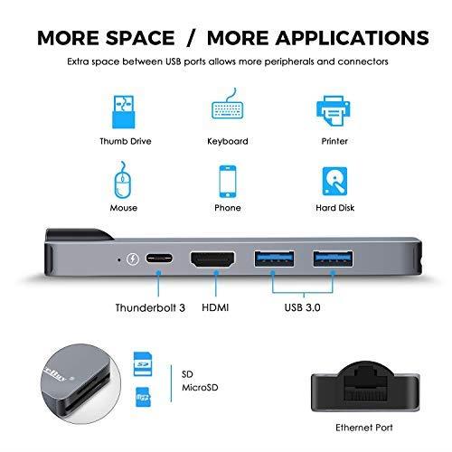 USB C Hub Adapter, 7 in 1 Thunderbolt 3 Type C Dongle for 2018/2017/2016 MacBook Pro with 4K HDMI, Gigabit Ethernet, 100W Power Delivery, SD Card Reader, USB 3.0 Ports (Grey)