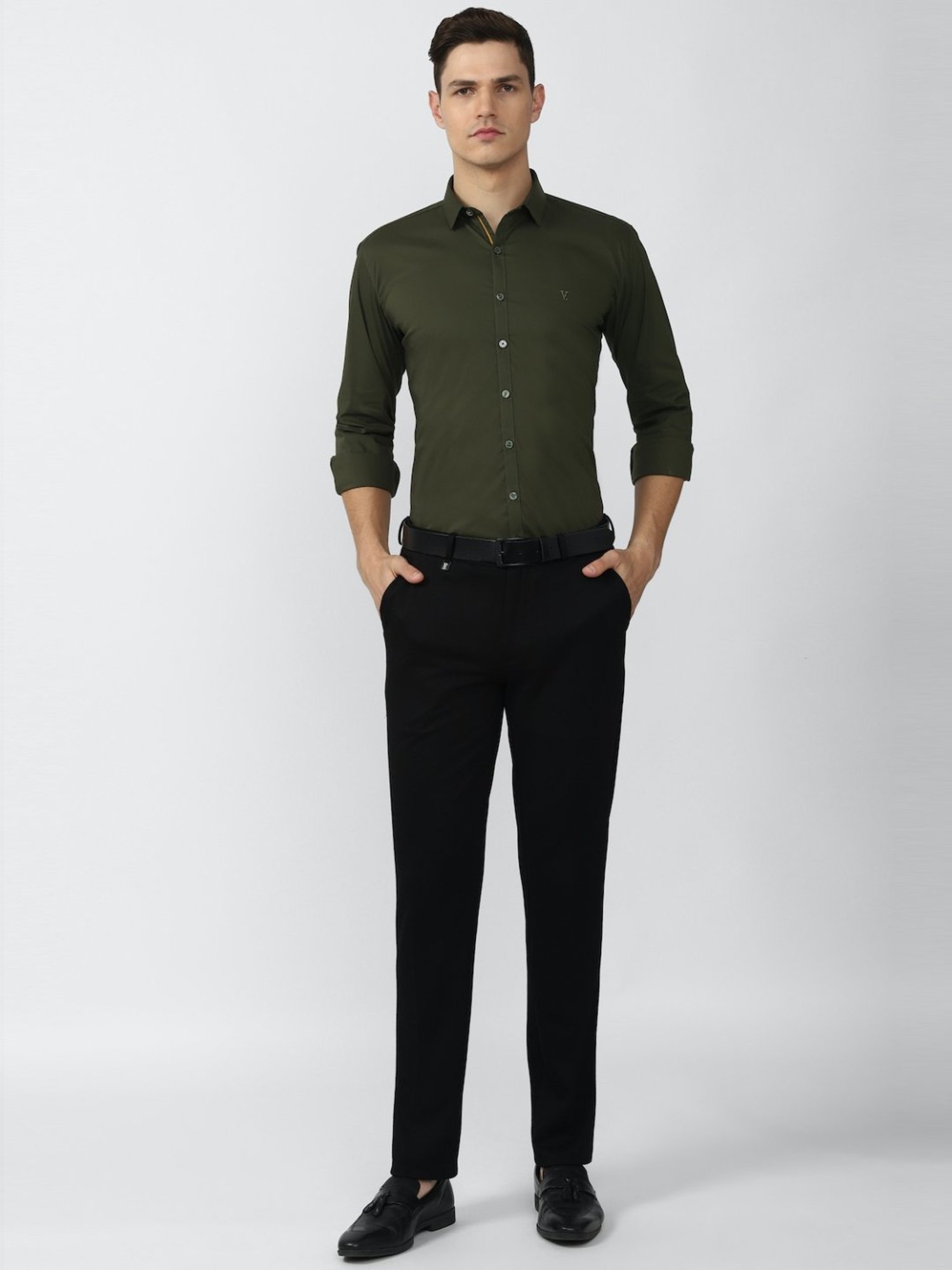 V Dot Green Cotton Skinny Fit Shirt