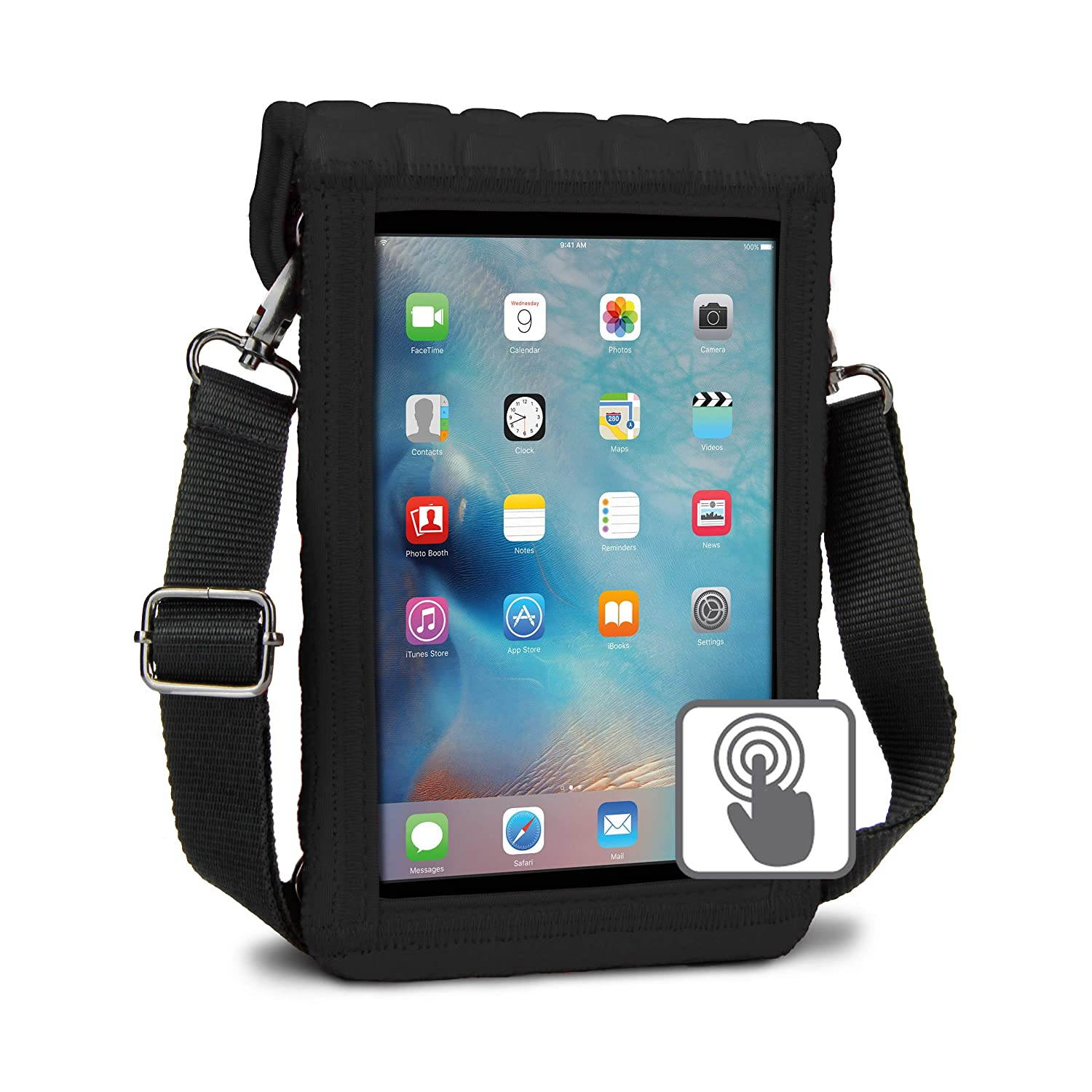 USA Gear Tablet Holder Case Compatible with iPad Mini 4 - Travel Bag Carry Cover with Built-in Capacitive Screen Protector & Adjustable Shoulder Carrying Strap fits iPad Mini Tablets (Black)