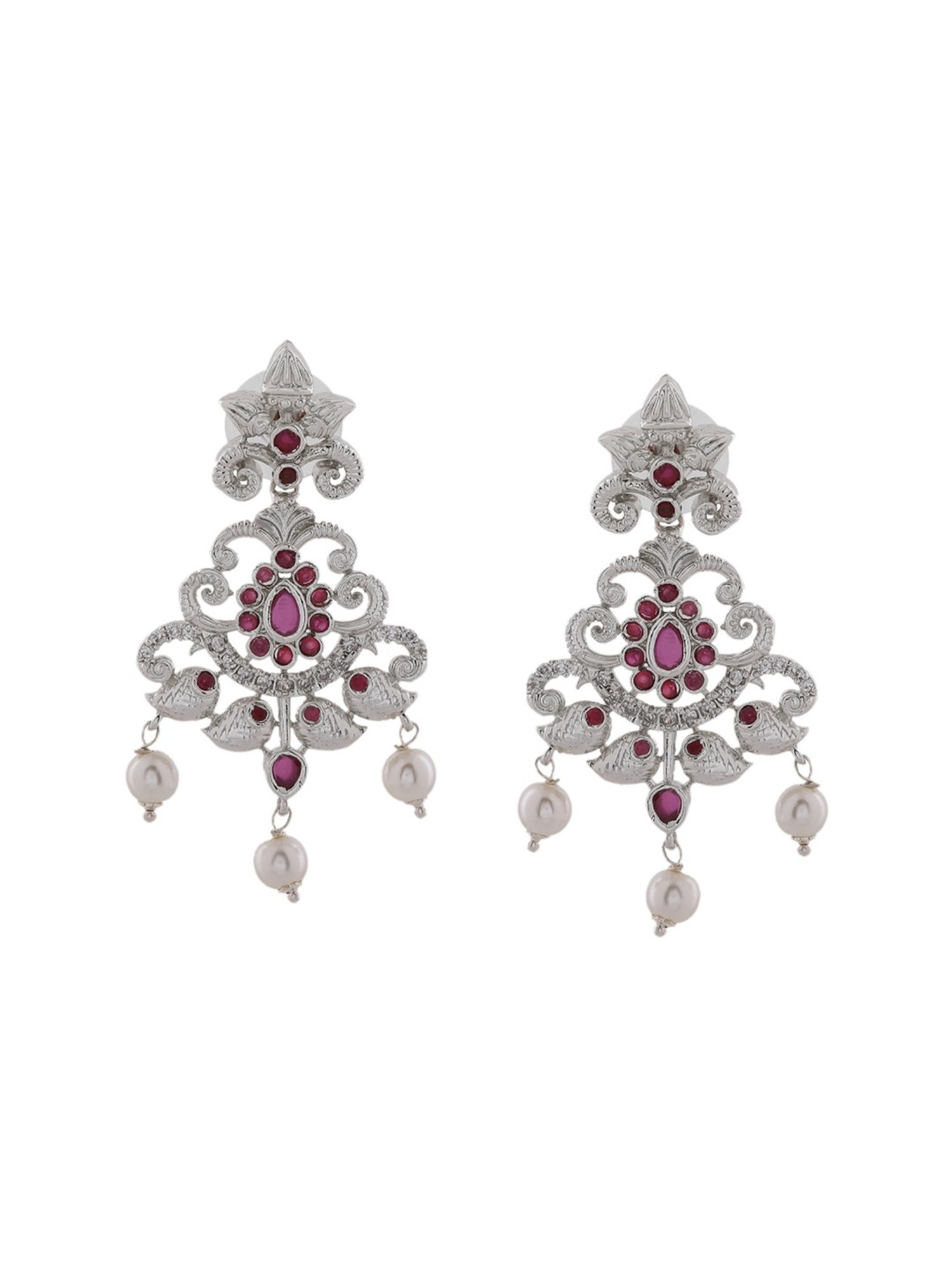 Estele Rhodium-Plated CZ Swirling Symphony Pearl & Crystals Dangler Earrings