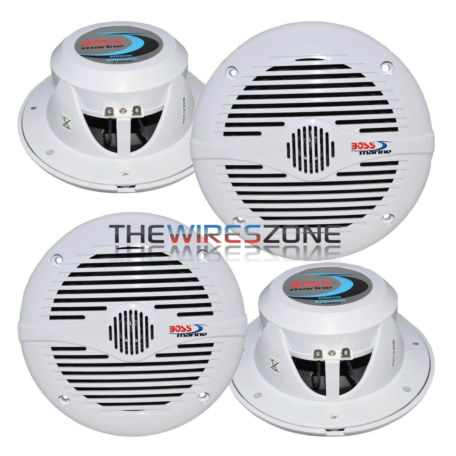 4) NEW BOSS MR60W 6.5" 2-Way 400W Marine Boat Audio Coaxial Speakers White