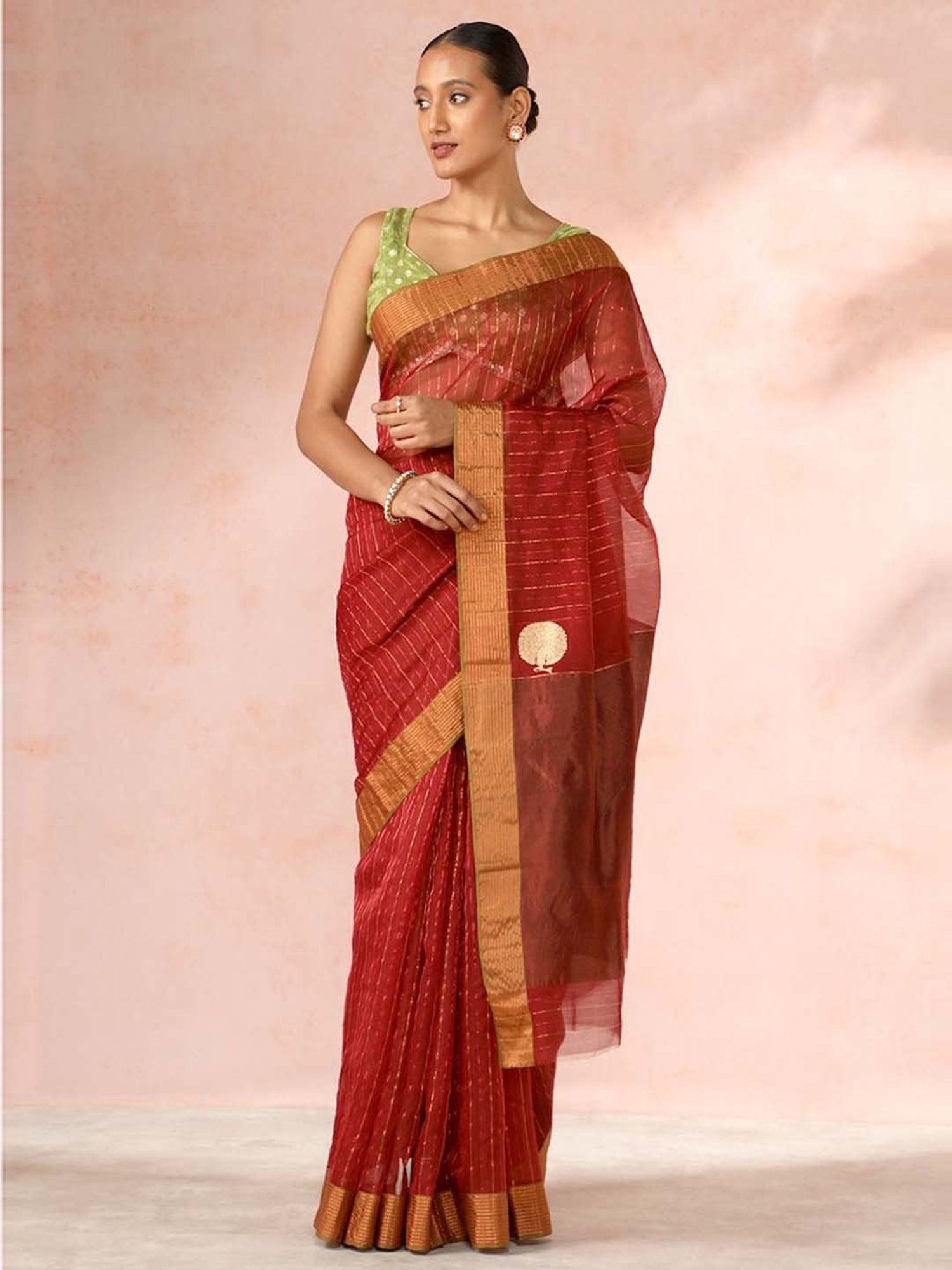 Taneira Red Cotton Silk Woven Saree With Unstitched Blouse