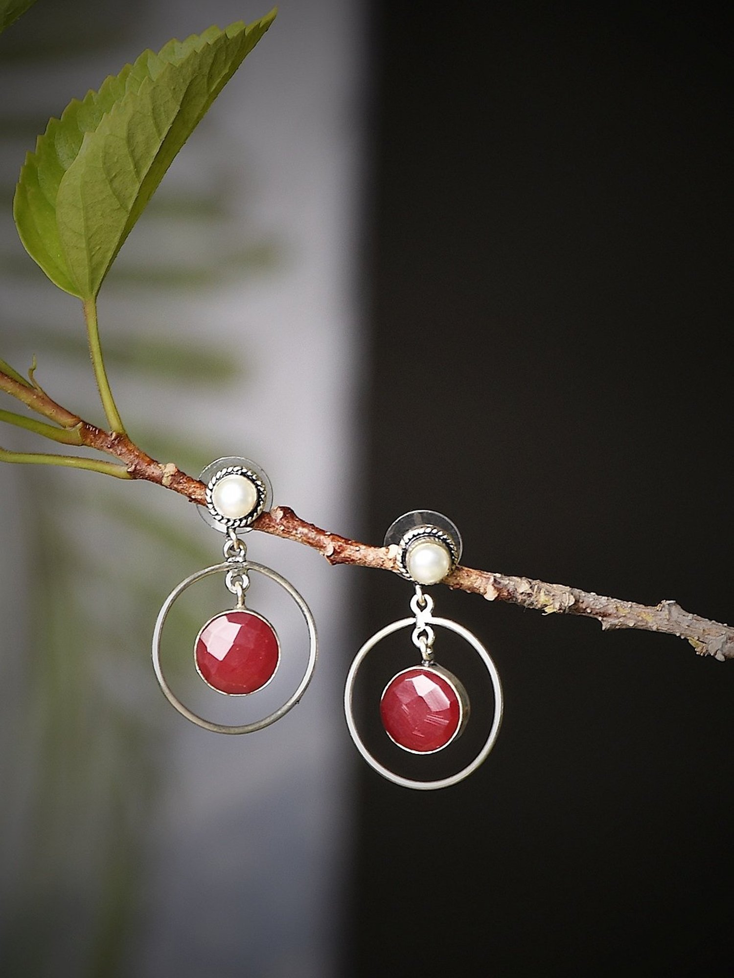 Imli Street Maroon-White Silver Tone Stone-Studded Handcrafted Drop Earrings