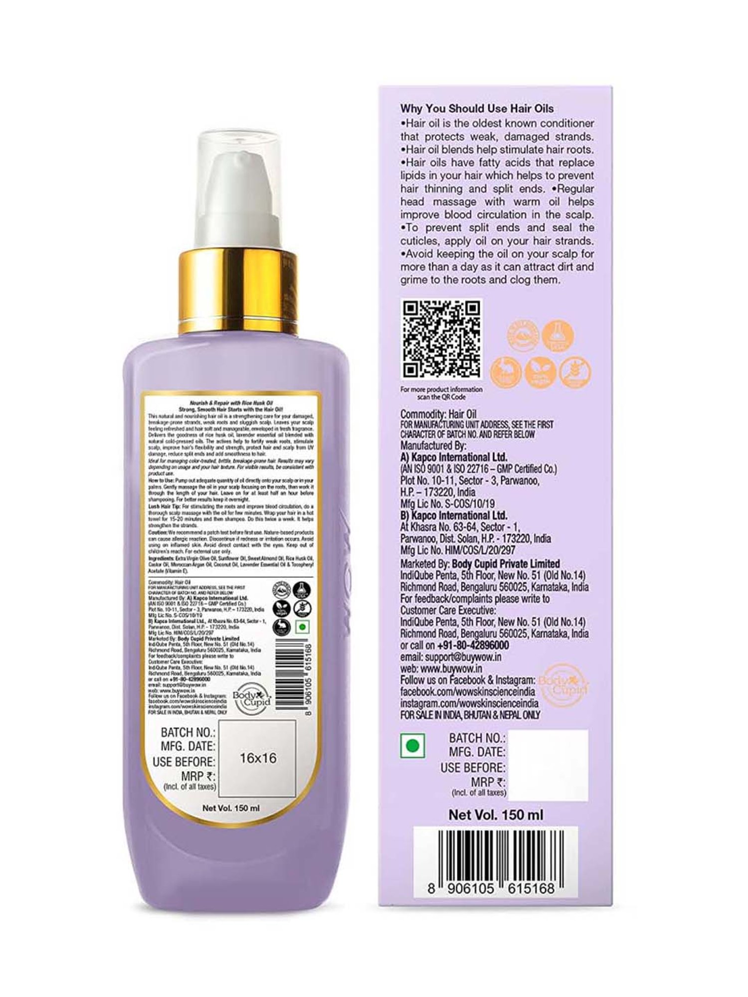 Wow Skin Science Rice Hair Oil With Rice Husk & Lavender Oil - 150 ml