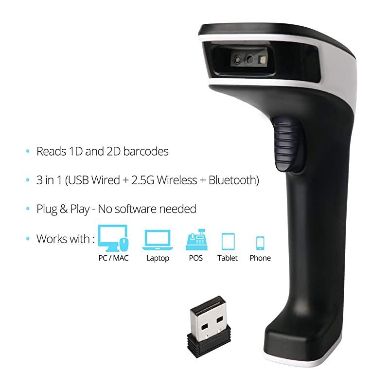 Portable Wireless Bluetooth Barcode Scanner: 3-in-1 Hand Scanners - Cordless, Rechargeable 1D and 2D Scan Gun for Inventory Management - Wireless, Handheld, USB Bar Code/QR Code Reader