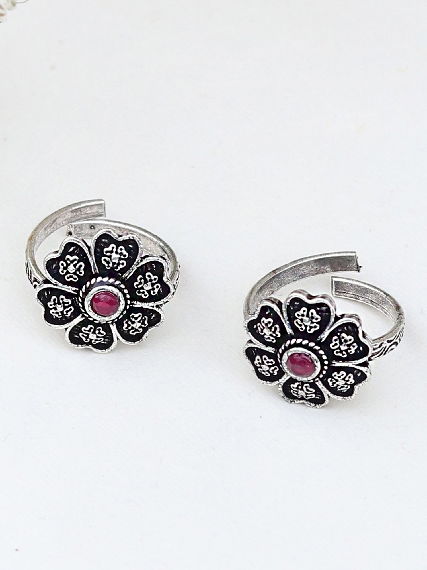 Teejh Ethnic Ruhi Pink Stone Silver Oxidized Toe Rings for Women