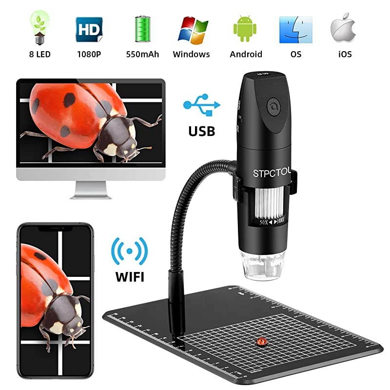 Wireless Digital Microscope USB 50X-1000X 2MP 1080P Handheld Portable Mini WiFi Microscope Camera with 8 LED Lights for iPhone/iPad/Mac/Android Phone/Tablet/PC