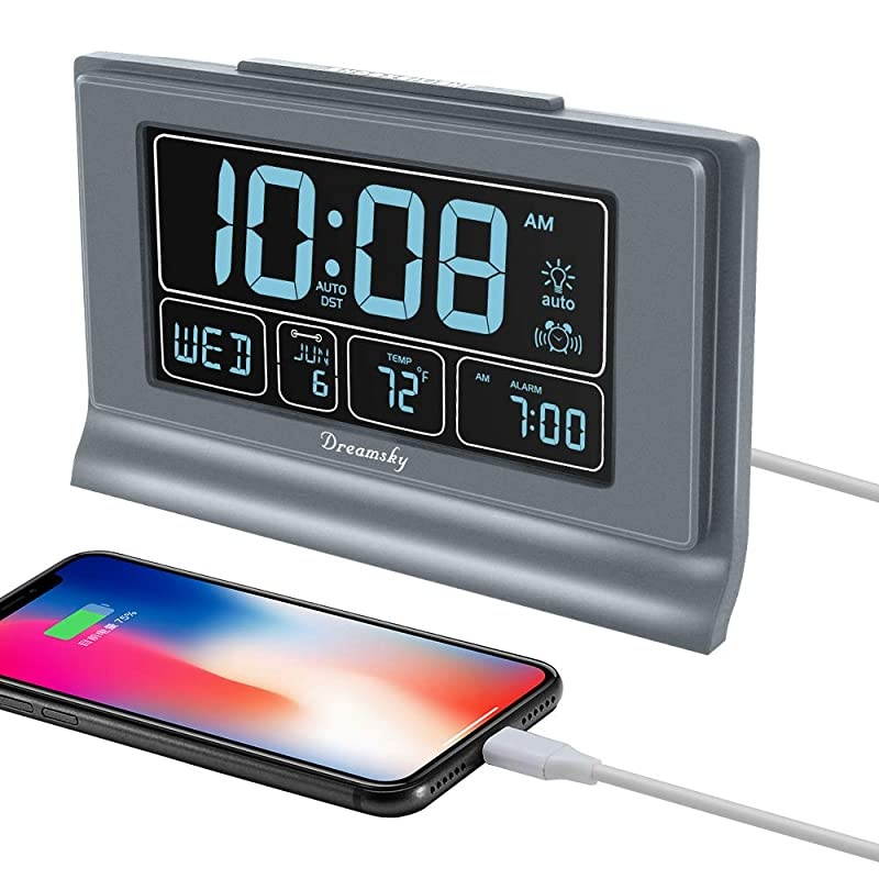 Auto Set Digital Alarm Clock with USB Charging Port 66 Inches Large Screen with TimeDateTemperature Display Full Range Brightness Dimmer Auto DST Setting Snooze Gray