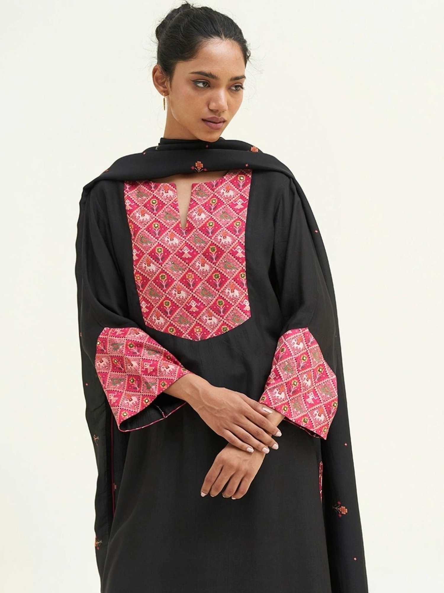 Ganga Fashions Black Kurta with Salwar and Dupatta With Patola Patch Work