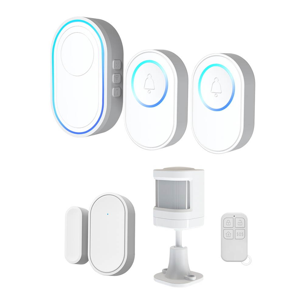 Tuya Alarm System with Wireless WIFI Doorbell Function 2 PCS Outdoor Doorbell + 1PCS Indoor Chime With LED 58 Ringtones Work with Door Sensor, PIR Sensor(included)