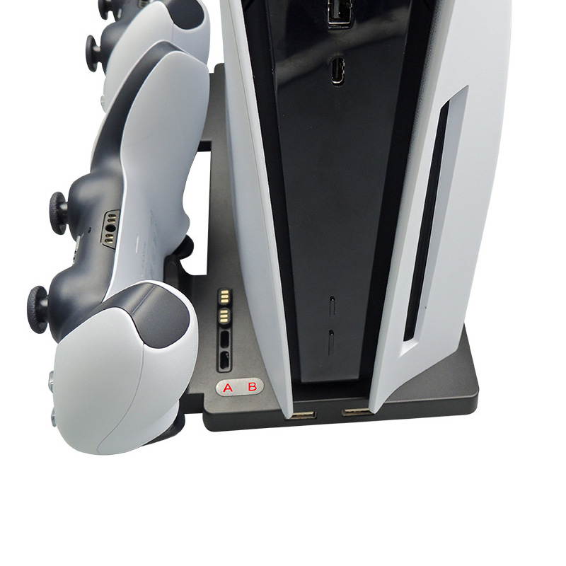 PS5 Stand with Cooling Fan and Controller Charger, Vertical Stand for PS5 Disc/Digital Edition, Dual Controller Charger and Extra USB Ports, 3 Levels Adjustable Fan Speed, Hold 11 Games