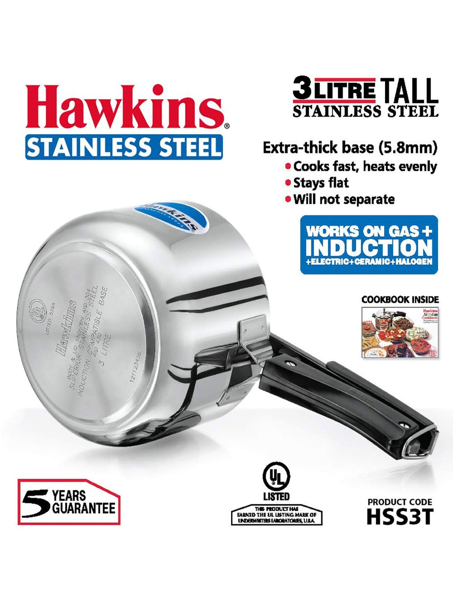 Hawkins Silver Stainless Steel 3 L Induction Based Pressure Cooker - Set of 1