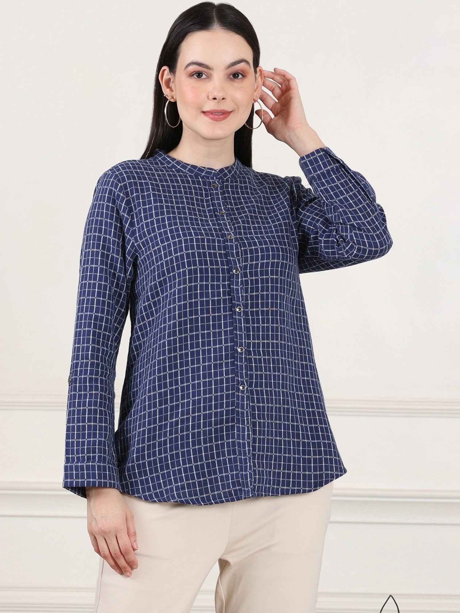 W Navy Cotton Chequered Top