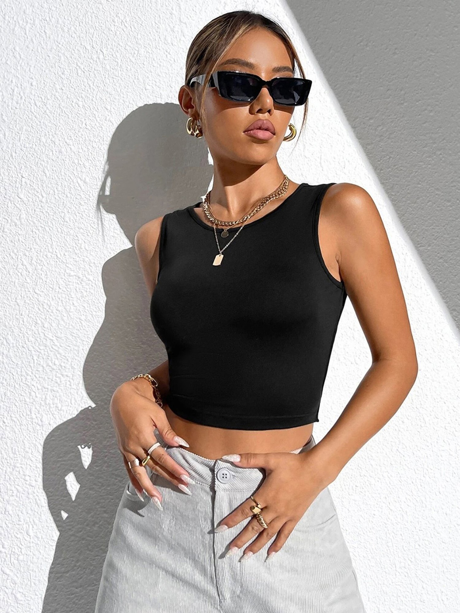 SELVIA Black Regular Fit Crop Top