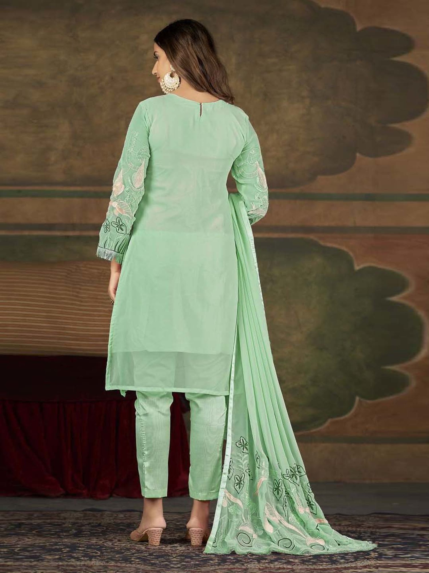 Warthy Ent Green Embroidered Semi Stitched Dress Material