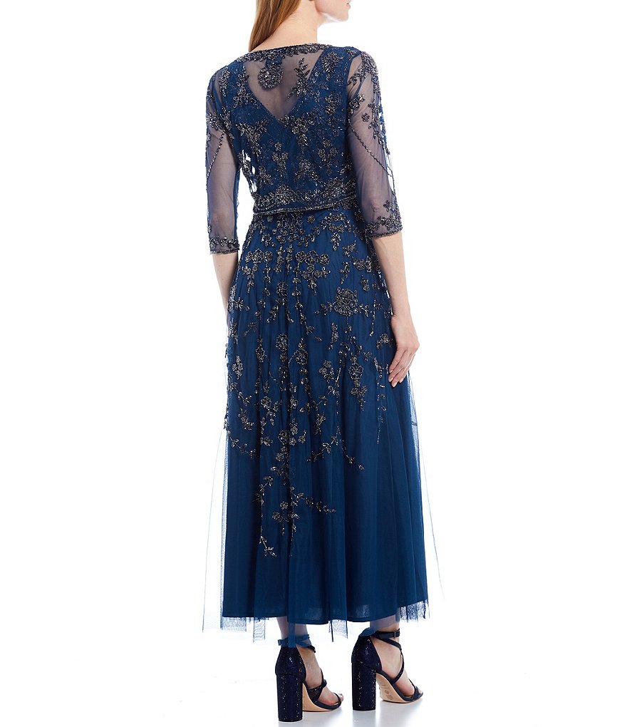 Jkara Petite Size V-Neck 3/4 Sleeve Beaded Bodice Gown