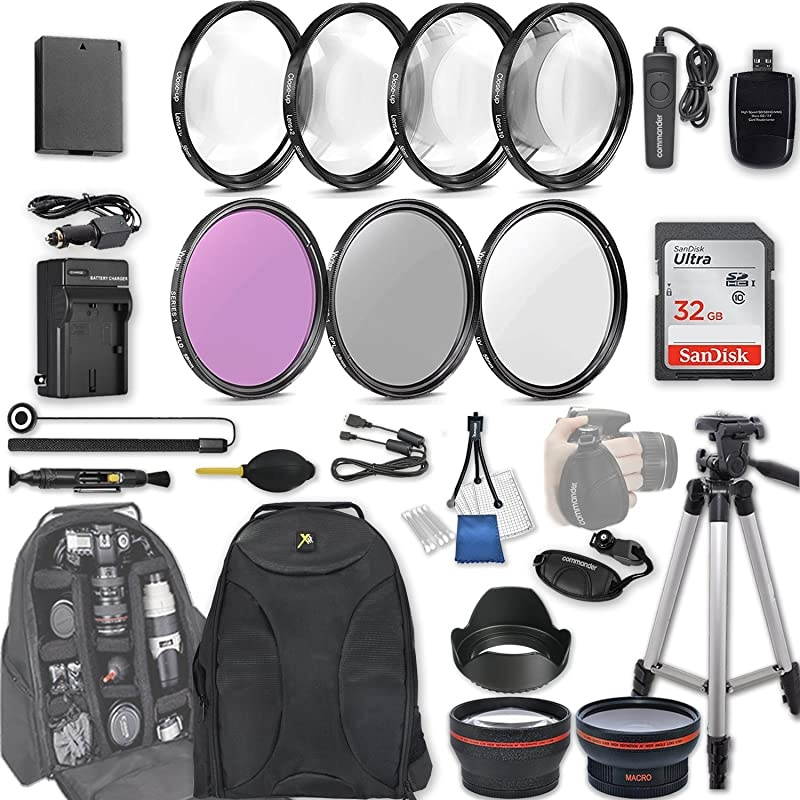 28 Pc Accessory Kit for Canon EOS Rebel T7, T6, T5, T3, 1300D, 1200D, 1100D DSLRs with 0.43x Wide Angle Lens, 2.2X Telephoto Lens, 32GB Sandisk SD, Filter & Macro Kits, Backpack Case, and More