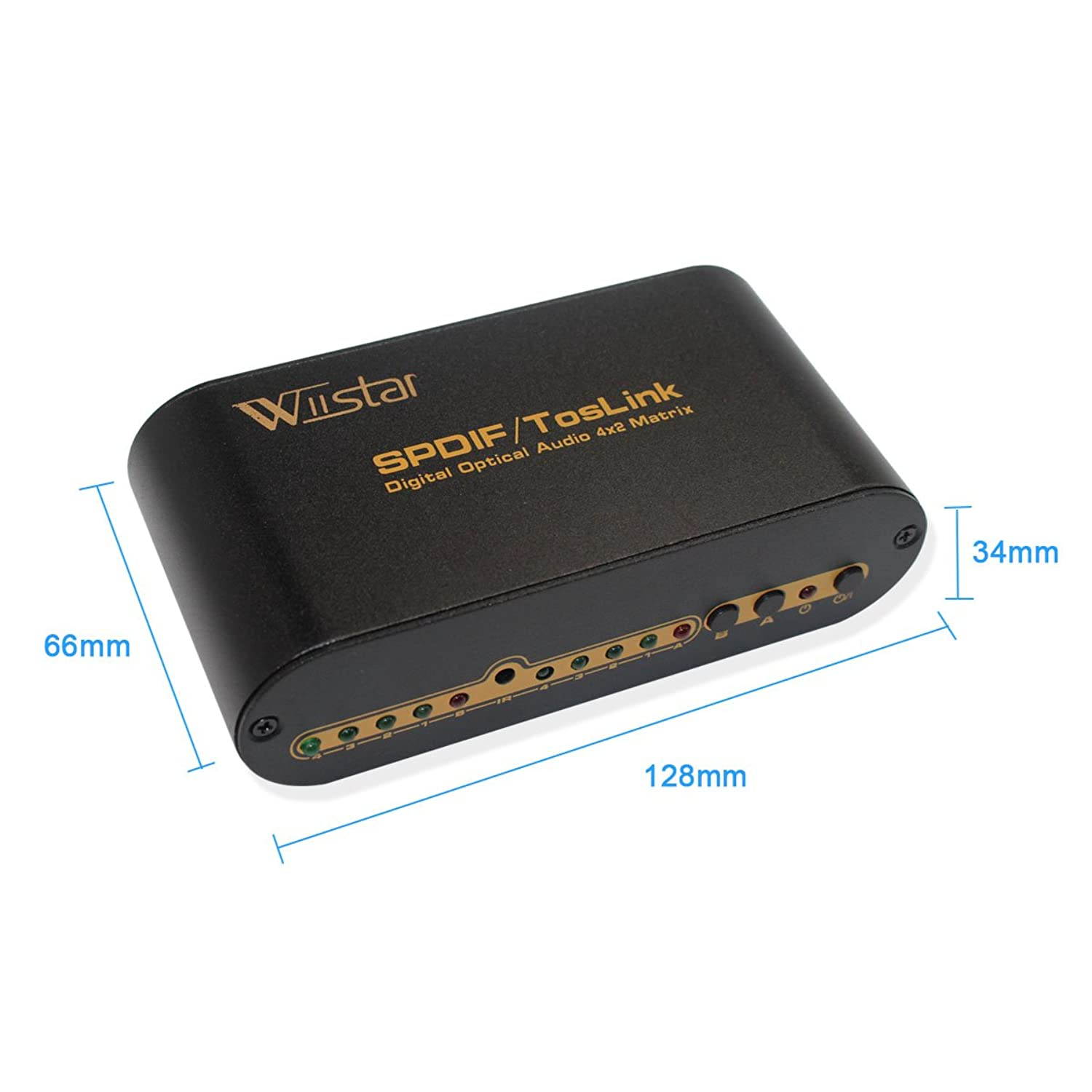 Wiistar SPDIF/TOSLINK Optical Digital Audio True Matrix 4x2 Switch Switcher Splitter with Remote Control up to 40m (4 in 2 Out)