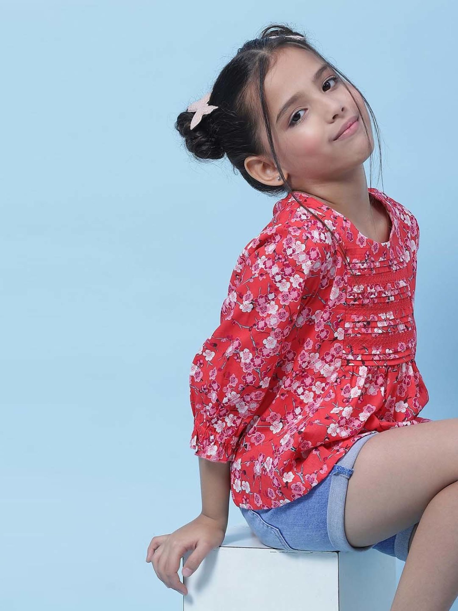 Biba Kids Red & Pink Cotton Floral Print Top