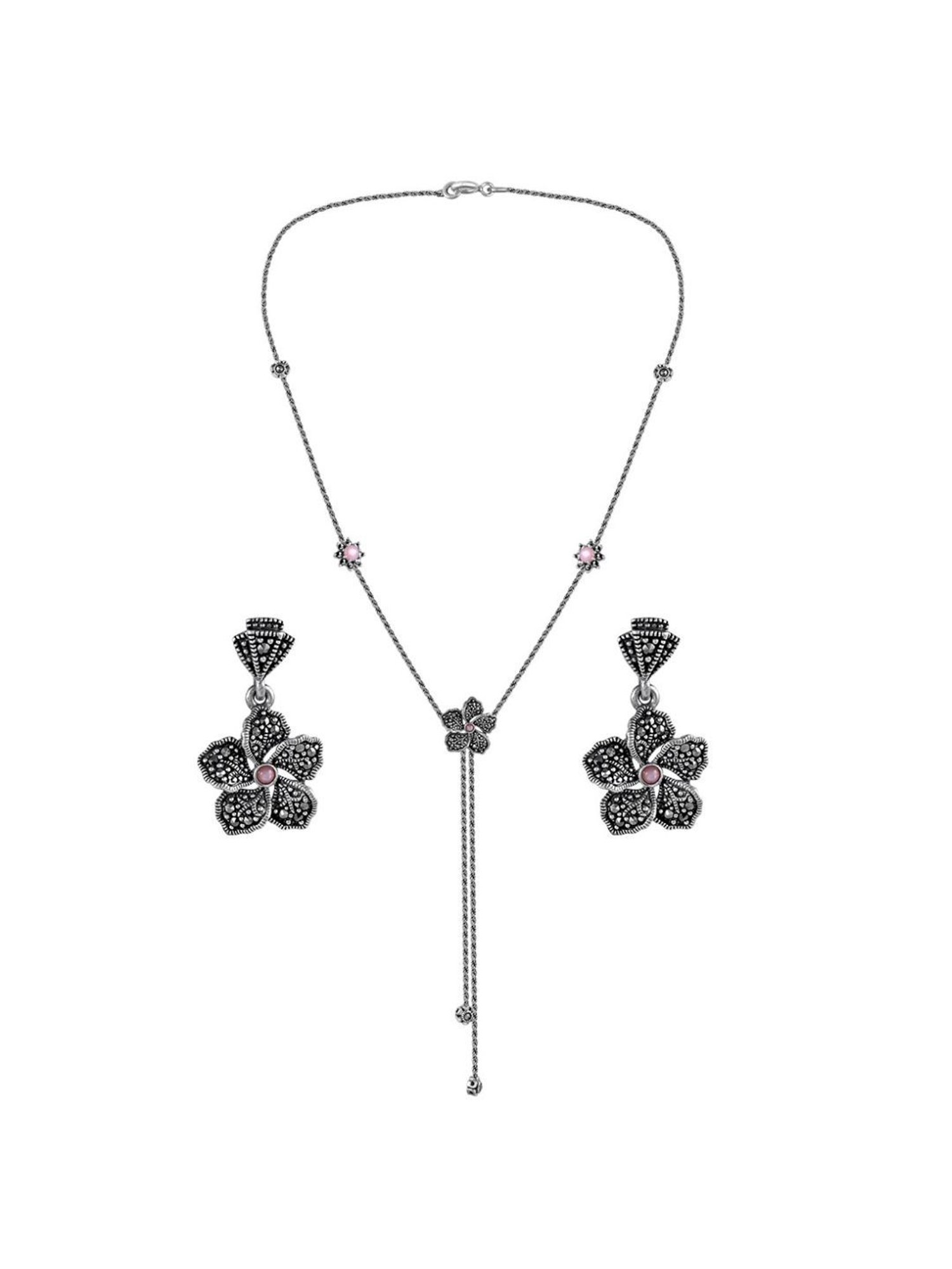 Rihi by P.C. Chandra Jewellers 925 Silver Tassel Flower Necklace Set with Pink Stone for Women