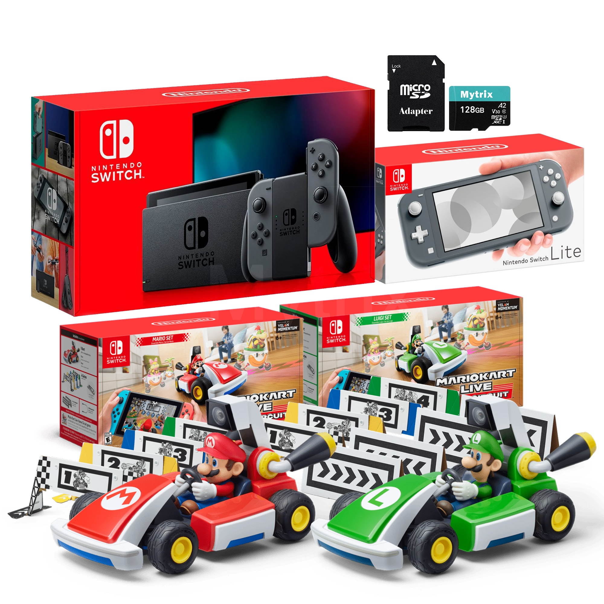 Nintendo Switch Two Sets of Consoles and Karts Holiday Combo: Nintendo Switch Gray Joy-Con Console, Switch Lite Gray Console, Mario Kart Live: Home Circuit - Mario Set and Luigi Set, 128GB MicroSD
