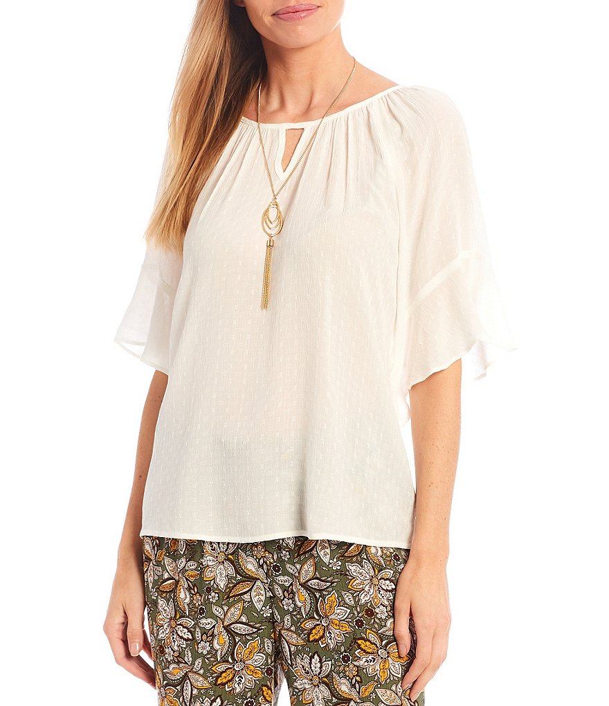 I.N. Studio Keyhole Neck 3/4 Raglan Bell Sleeve Necklace Top