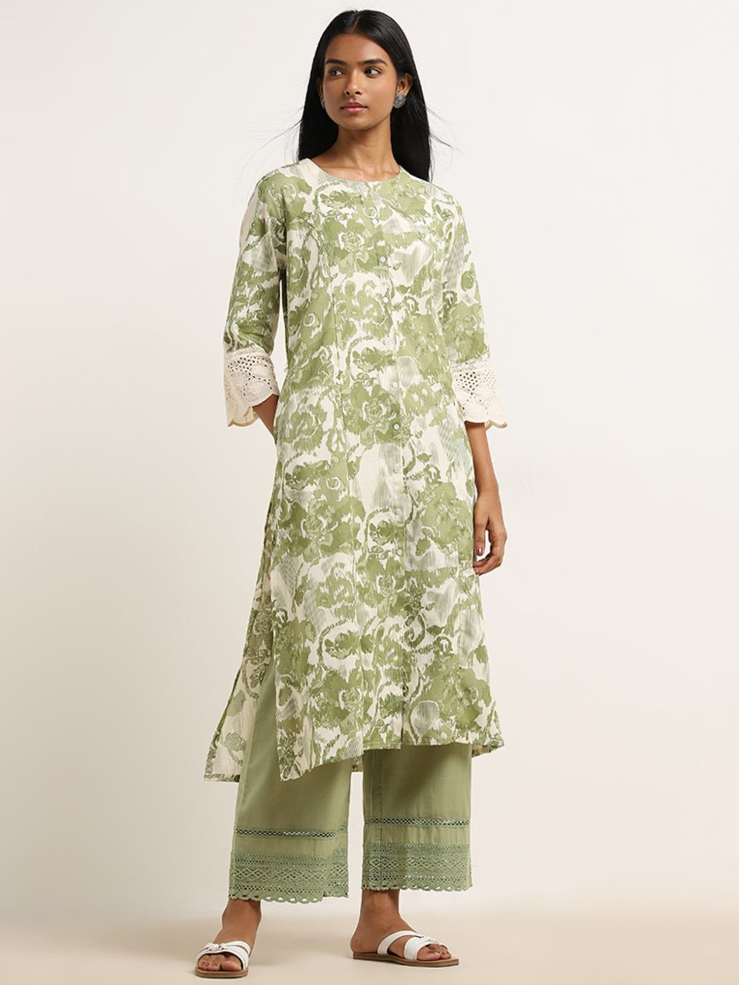 Utsa by Westside Green Ikat Printed A-Line Cotton Kurta